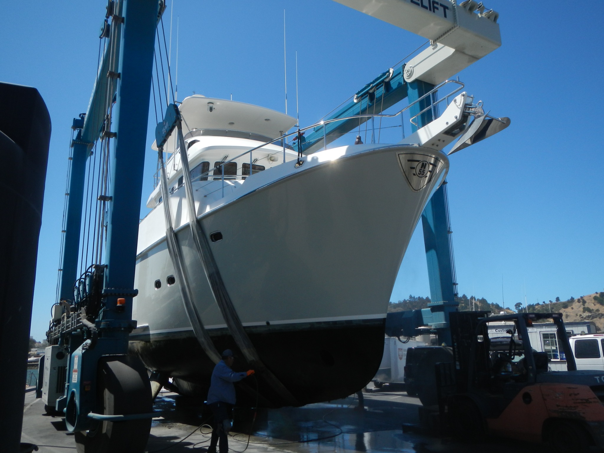Motor yacht in a travel lift
